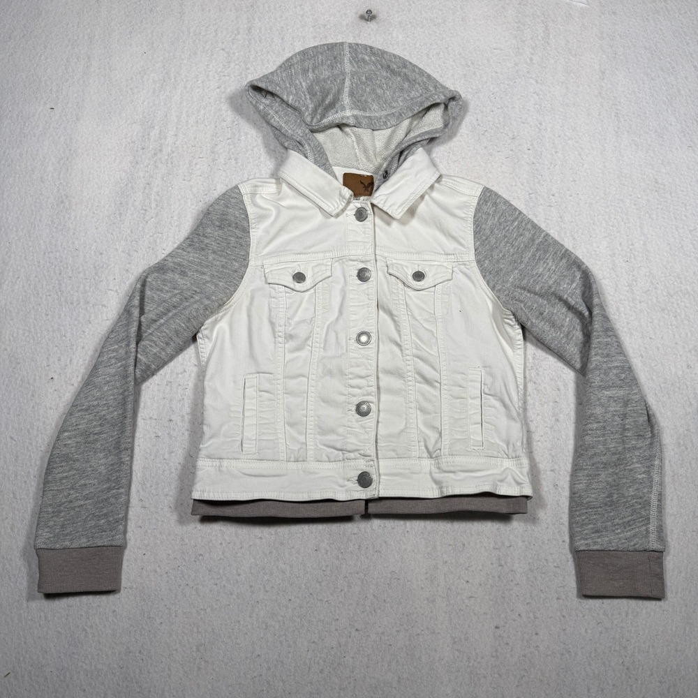 American Eagle White Denim Hooded Jacket Gray Sweatshirt Sleeves Womens Medium